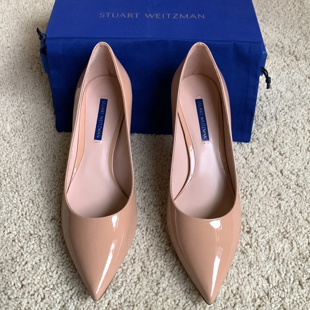 NIB Stuart Weitzman Patent Leather “Tippi” 70mm Heels, Adobe (nude) sz 10M - Picture 2 of 12